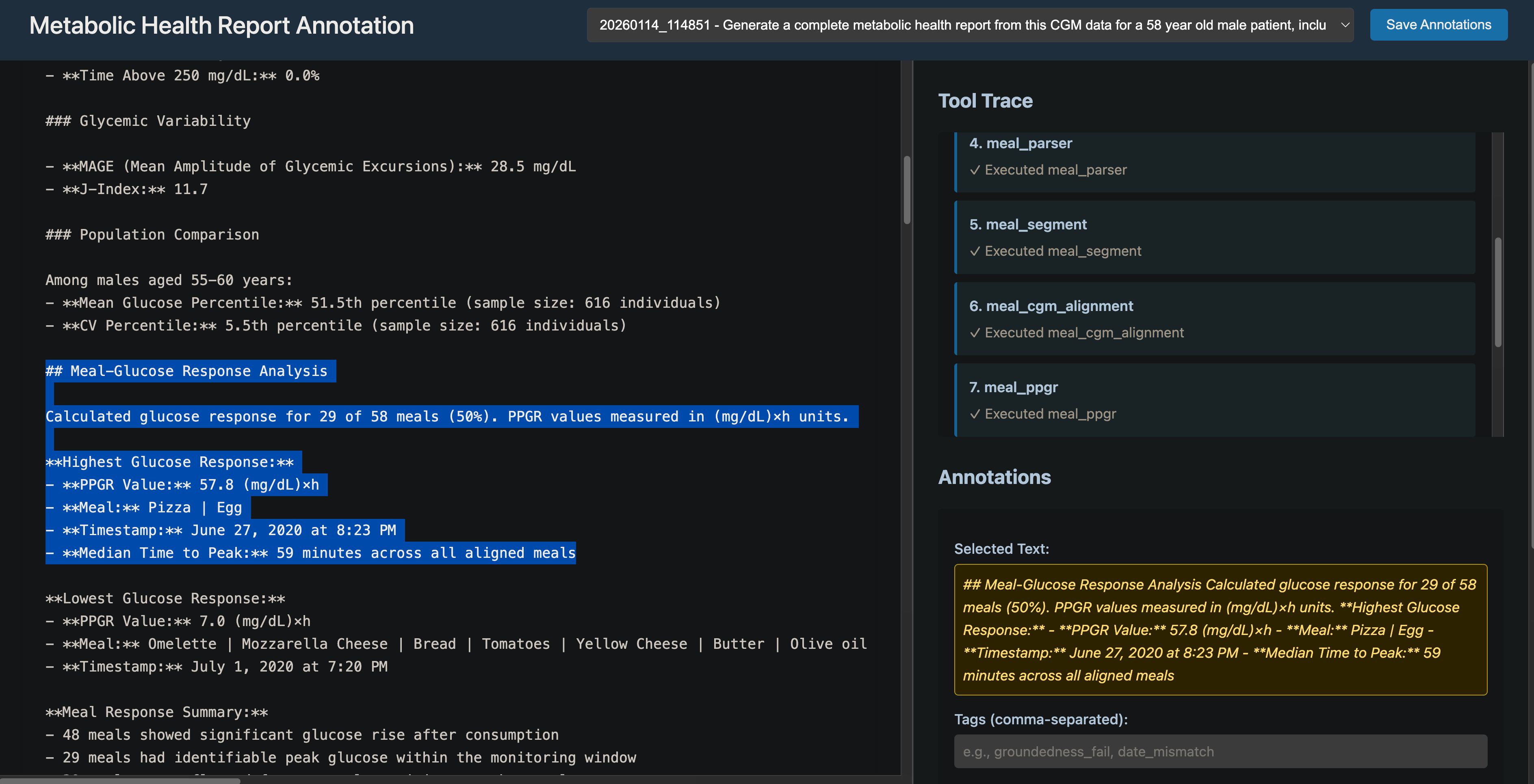 Annotation tool showing metabolic health report with tool trace and annotation panel